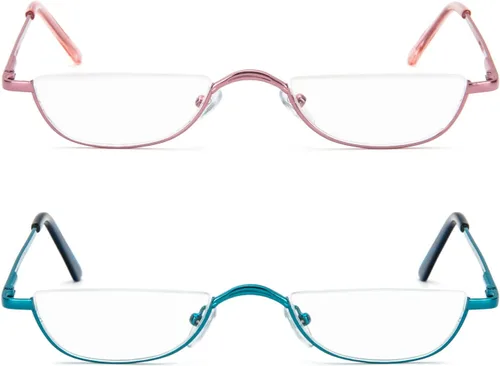 Miniatura 3 de Lentes de lectura de media lectura, 2 pares de lentes con marco de metal de medio borde, lectores de bisagra de resorte con bolsa de cuero para Azul