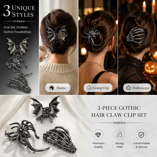 Miniatura 5 de Parcce 3 pinzas góticas para el cabello para mujer, pinzas de mano de esqueleto de murciélago negro metálico, accesorios de cabello de Halloween
