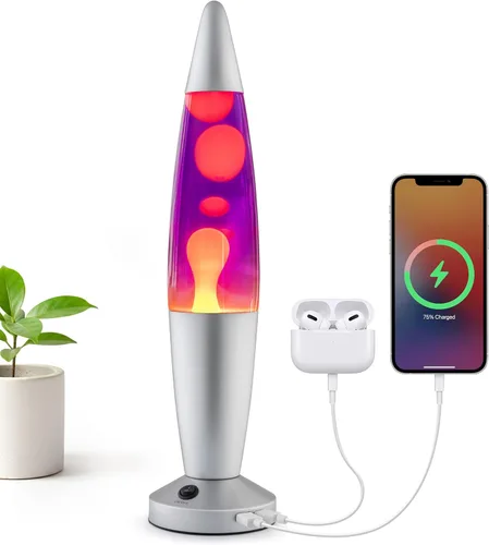 JAMBO Hermosa lámpara de movimiento líquido de 16 pulgadas con USB, color morado con cera amarilla/naranja para adultos, adolescentes y niños,