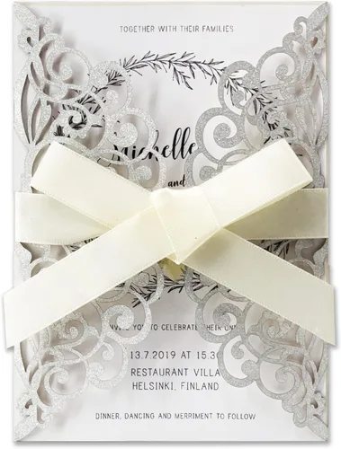 Miniatura 7 de 50 invitaciones de boda cortadas con láser con sobres con purpurina y cintas, tarjeta en blanco personalizada, invitaciones para quinceañera, Oro