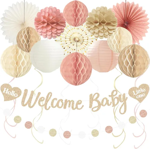 Decoraciones de baby shower boho para niña, pancarta de bienvenida con bolas de nido de abeja pre-hiladas, flores de papel, linternas, abanicos,