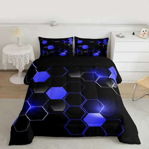 Miniatura 8 de Feelyou Juego de ropa de cama de panal de abeja, tamaño individual, juego de edredón hexagonal verde para niños y niñas, decoración geométrica