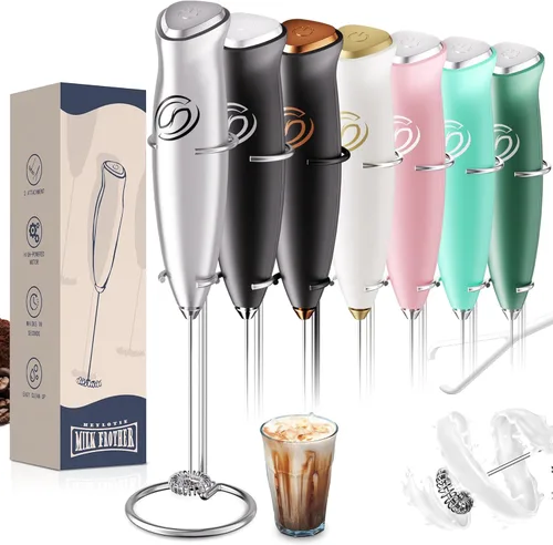 Miniatura 20 de Espumador de leche de mano, mezclador de bebidas, agitador de café de mano, espumador eléctrico para mezclador de café, varita con 2 batidores