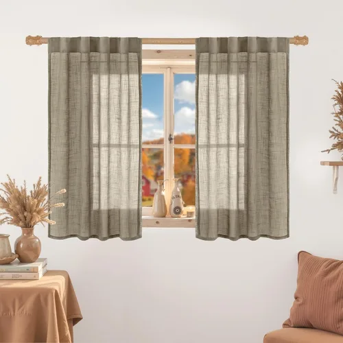 Miniatura 75 de LAMIT Cortinas de lino beige de 30 pulgadas de largo para ventanas pequeñas, cortinas semitransparentes filtrantes de luz, pestaña trasera