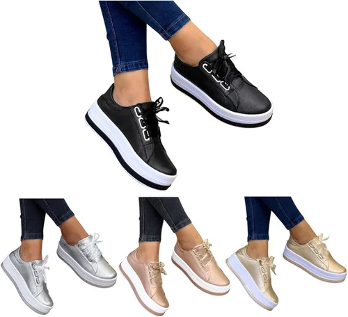 Miniatura 4 de Hbeylia Zapatos deportivos de plataforma para mujer, a la moda, informales, de cuero, puntera redonda, parte inferior gruesa, tacones altos, zapatos
