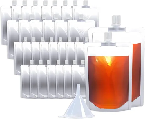 Miniatura 8 de 100 bolsas de bebida de 8 onzas, botella de plástico reutilizable con embudo para beber jugo de bebidas líquidas, bolsas de bebidas de pie para 8OZ