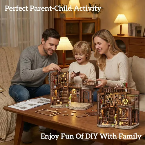 Miniatura 2 de Kit de rincón de libros en miniatura para casa de muñecas, rompecabezas de madera 3D con luz, decoración de estantería de casa pequeña, construcción
