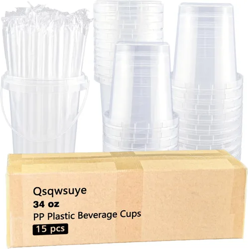 Miniatura 9 de Qsqwsuye 15 juegos de vasos de plástico desechables con tapa y pajita, 34 onzas reutilizables y adecuados para viajes al aire libre, embalaje