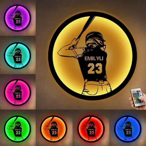 Miniatura 11 de Letrero de metal personalizado para jugador de sóftbol con luz LED, nombre y número personalizado, arte de pared de sóftbol, letrero de neón