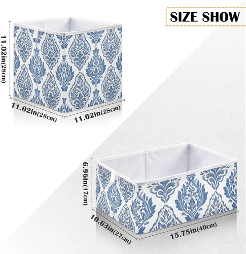 Miniatura 3 de Kigai Cubos de almacenamiento plegables de tela de 11 x 11 pulgadas con patrón de damasco azul y blanco, cajas plegables para organizar el hogar