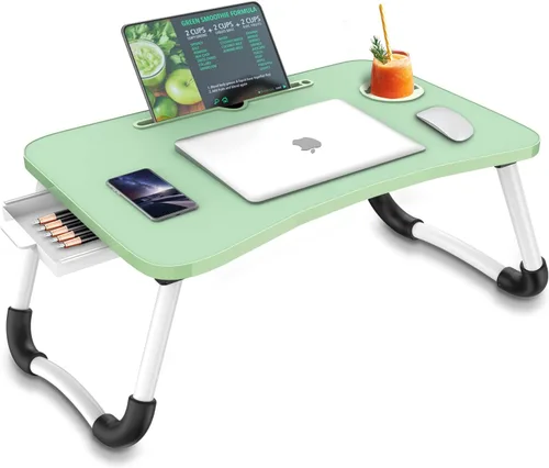 Miniatura 10 de Fayquaze - Escritorio portátil plegable para cama con cajón de almacenamiento y portavasos - Escritorio de regazo para portátil, soporte y bandeja