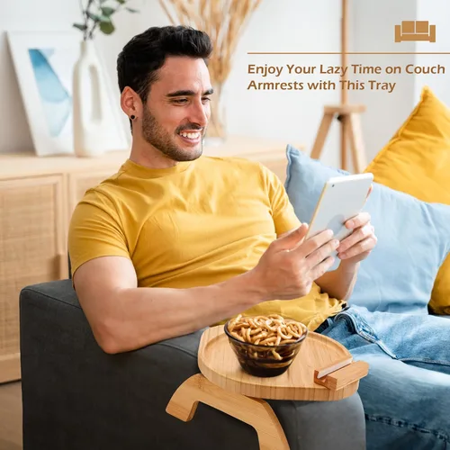 Miniatura 4 de SINWANT Mesa de brazo para sofá, bandeja redonda de bambú con clip para sofá con soporte para teléfono de 360°, mesa plegable para reposabrazos
