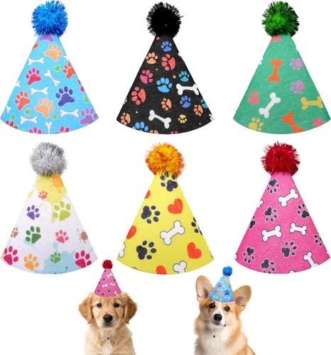 Miniatura 8 de 6 sombreros de fieltro para fiesta de cumpleaños de perro, para perros grandes, XL, XXL, estampado de huesos de pata de perro con pompones