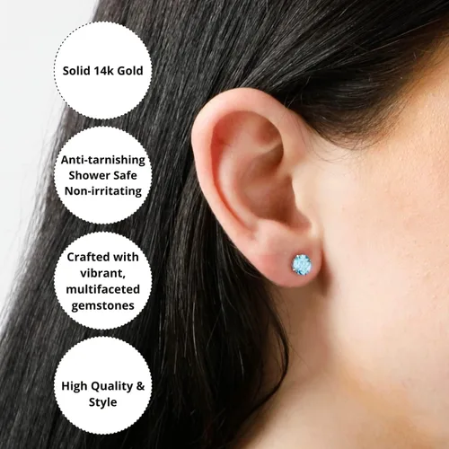Miniatura 3 de MAX + STONE - Aretes redondos de oro de 14 quilates para mujer, aretes de piedra natal de 0.236in, aretes de piedras preciosas de oro real