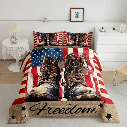 Miniatura 14 de Feelyou Juego de edredón de camuflaje del ejército con bandera estadounidense, decoración militar, camuflaje verde selva, bandera de Estados Unidos