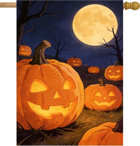 Miniatura 5 de Bandera de Halloween de Halloween con diseño de calabaza de murciélago y luna, cementerio, jardín, patio, 12 x 18 pulgadas, doble cara decorativa