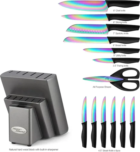 Miniatura 2 de Marco Almond KYA25 - Juego de cuchillos con bloque de cuchillos de titanio arcoíris de 14 piezas, juego de cuchillos para carne con mango negro.
