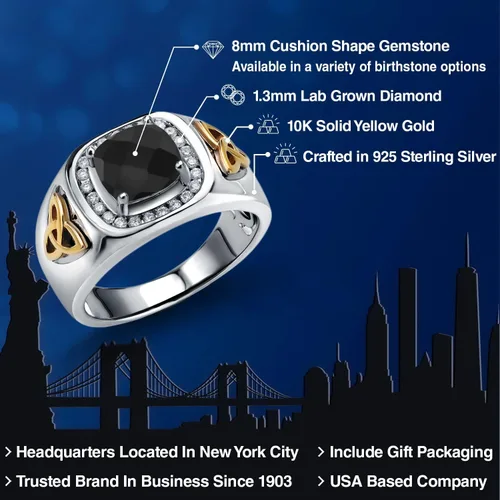 Miniatura 2 de Gem Stone King 8MM Cushion Cut Ring for Men Gemstone Birthstone and Lab Grown Diamond 925 Sterling Silver & 10K Yellow Gold Available in Sizes