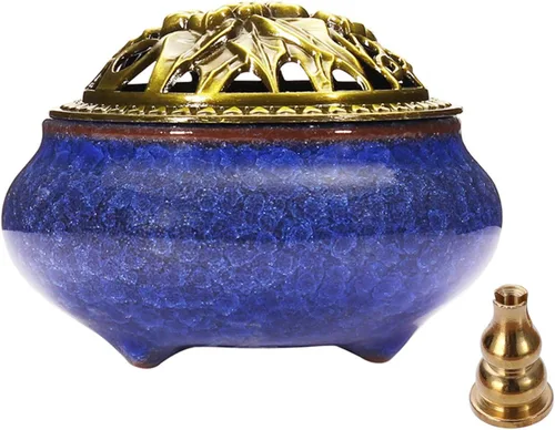 Miupoo Quemador de incienso y soporte de incienso con soporte de palo de incienso de latón, atrapador de cenizas de cerámica (azul oscuro)