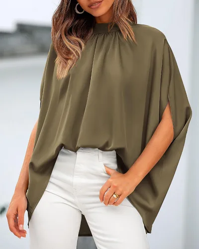 Miniatura 74 de BTFBM Blusas de verano para mujer, cuello alto falso, manga murciélago, holgadas, dobladillo alto y bajo, blusas informales de gran