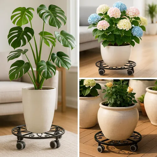 Miniatura 6 de Pack de 3 organizadores para plantas con ruedas de alta resistencia de 13.5 pulgadas, soporte metálico con ruedas, plataforma rodante para plantas