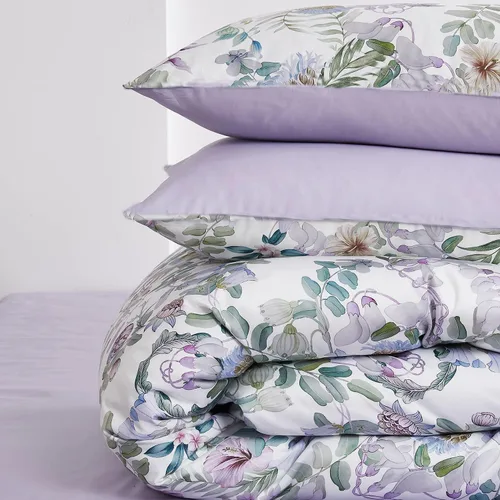Miniatura 6 de Juego de funda de edredón estilo jardín floral, juego de ropa de cama de acuarela púrpura, flores suaves y lisas, patrón botánico verde, 3 piezas, 1
