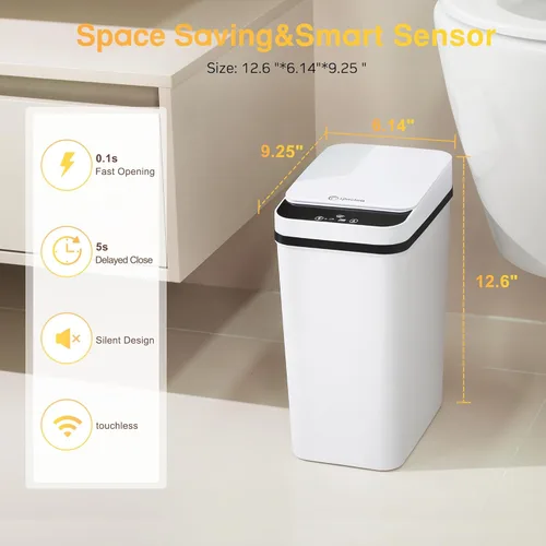 Miniatura 2 de Bote de Basura para Baño Automático Sin Contacto de 2.6 Galones, Botes de Basura Inteligentes Pequeños con Tapa, Bote de Basura Delgado para Cocina