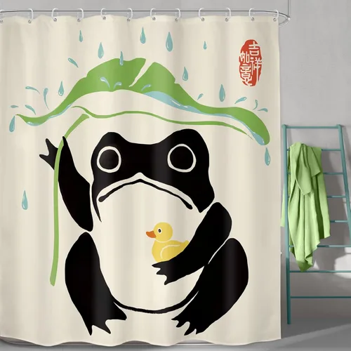 Miniatura 18 de Juego Divertido de Cortina de Rana Retro para Ducha, Juego de Baño 48x71 Pulgadas, Estilo Asiático Lindo, Arte Japonés Tradicional de Pato de Goma