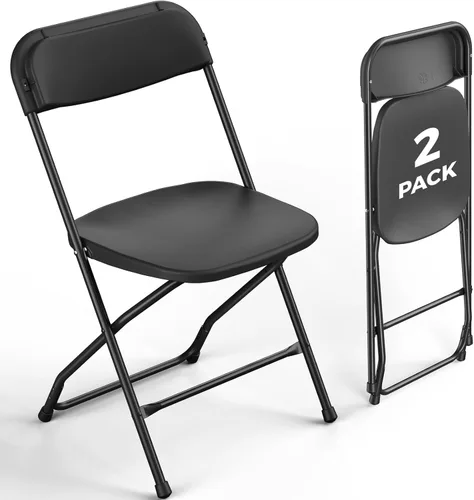 Paquete de 2 sillas plegables de plástico negro, sillas plegables portátiles para exteriores con marco de acero, capacidad de 350 libras, sillas