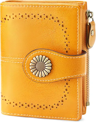 Miniatura 90 de SENDEFN - Billetera pequeña de piel auténtica para mujer, diseño plegable con ventana para tarjeta de identificación