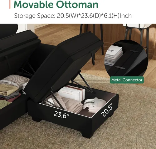 Miniatura 6 de HONBAY Sofá modular convertible con almacenamiento en forma de U con diván reversible para sala de estar, negro medio negro (Mid Black)