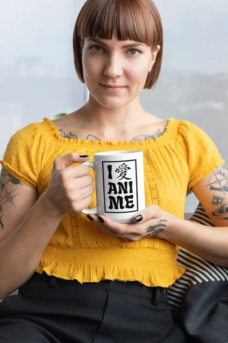 I Love Anime. Taza de café y té con personaje Kanji japonés para amantes del anime, ilustrador, cosplayer, fanáticos del manga, diseñador gráfico,