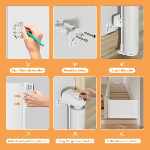 Miniatura 9 de Puerta retráctil para bebés para escaleras y puertas, 34 pulgadas de alto que se extiende hasta 71 pulgadas de ancho, puerta de malla para bebés
