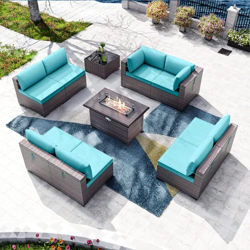 Miniatura 10 de Kullavik Juego de 13 muebles de patio al aire libre con mesa de fogata de gas propano de 43 pulgadas, 55000 BTU, mimbre de polietileno, sofá Arena