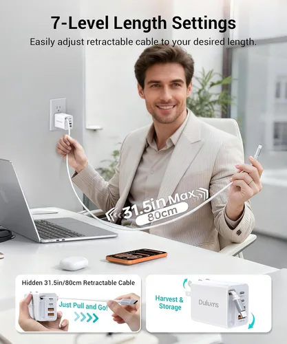 Miniatura 6 de Cargador retráctil de 40 W actualizado 2026, multipuerto esencial de viaje de 4 puertos, enchufe de bloque de cargador de pared PD 5 en 1+cables