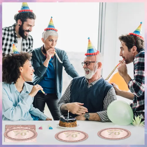 Miniatura 6 de Decoraciones de cumpleaños número 70 para mujer, decoraciones de cumpleaños número 70, platos y servilletas de oro rosa, decoraciones de cumpleaños