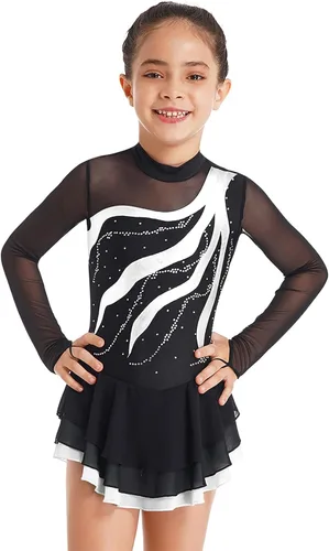 Miniatura 25 de Loyan Vestido de patinaje artístico brillante para niñas y niñas, de malla, de manga larga, patinaje sobre ruedas, competición de baile