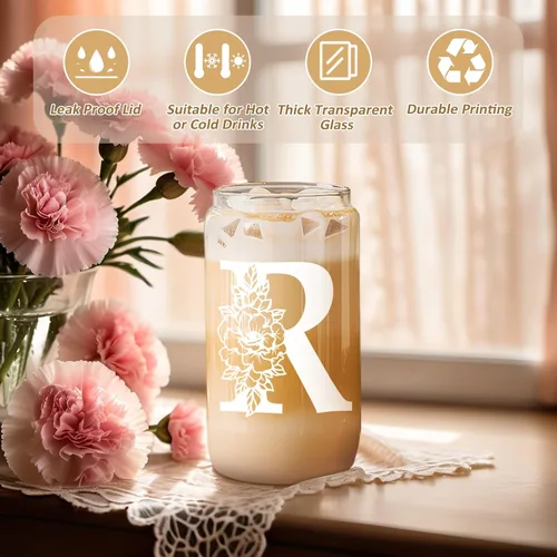 Miniatura 2 de Taza de Vidrio Inicial Coolife, Regalos Personalizados para Mujeres, Tazas de Vidrio de 16 oz con Tapas y Popotes, Vaso para Café Helado, Licuado