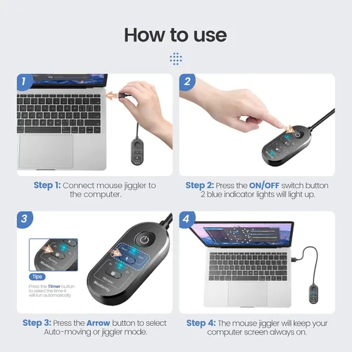 Miniatura 3 de meatanty Mouse Mover USB 3 en 1 con temporizador, selección de modo separado y botón de encendido/apagado, mouse Shaker Wiggler soporta varias