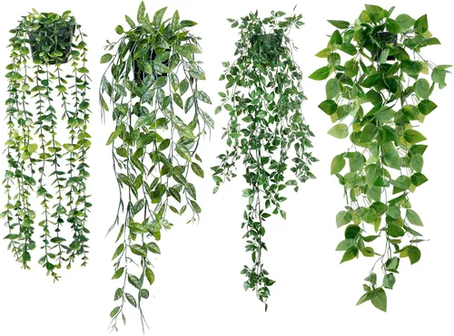 Sggvecsy Plantas colgantes falsas, paquete de 4 plantas artificiales colgantes de eucalipto, plantas falsas en maceta, vegetación falsa, eucalipto