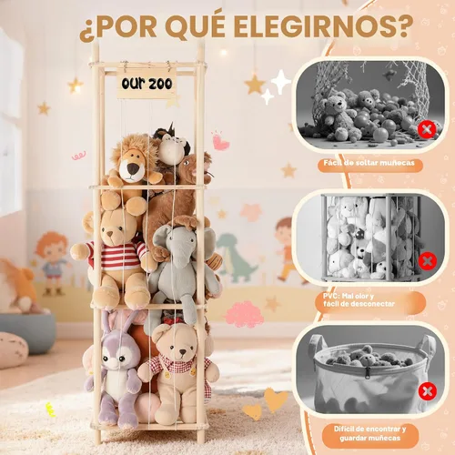 Miniatura 5 de LAMU Almacenamiento de animales de peluche, soporte de madera para animales de peluche con cordones elásticos, organizador de juguetes de ahorro