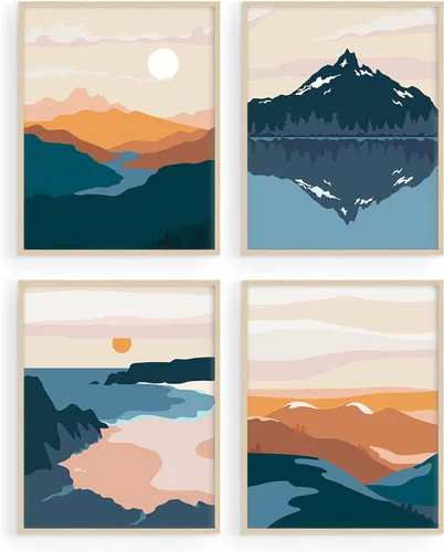 Miniatura 21 de HAUS AND HUES Arte de pared de montaña – Juego de 4 decoración de paisaje moderno de mediados de siglo, naturaleza y arte moderno Marco beige de 8