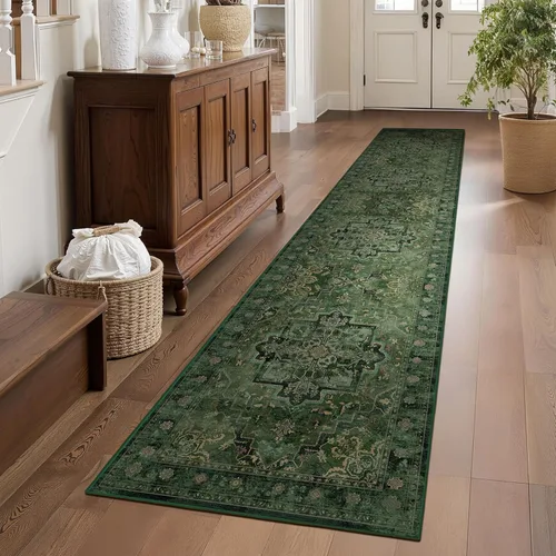 Miniatura 25 de Alfombra de pasillo profundo azul 2x8, alfombra de pasillo lavable antideslizante para entrada interior, alfombra de medallón vintage de 0.27