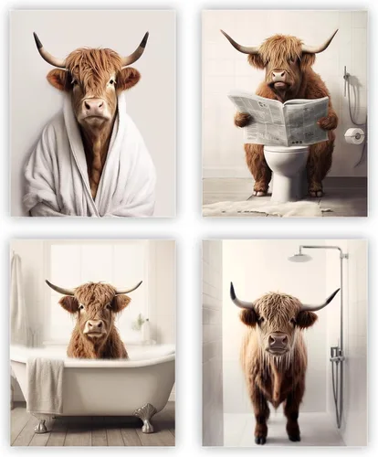 Miniatura 11 de heilkee Decoración de baño de vaca de las tierras altas en blanco y negro, divertido arte de pared de animales para baño, decoración moderna