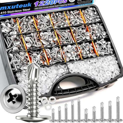 Miniatura 26 de mxuteuk 230 tornillos autorroscantes #8 para metal, 410 tornillos autoperforantes de acero inoxidable, tornillos de chapa de cabeza de truss de 1/2