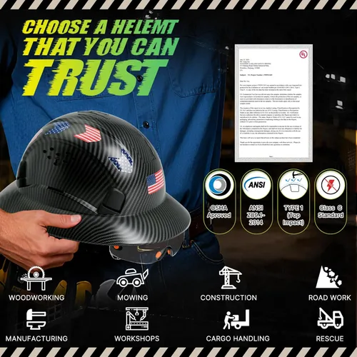 Miniatura 8 de Casco duro de ala completa con patrón de fibra de carbono con visera, casco de seguridad de construcción aprobado por la OSHA para hombres y Fibra