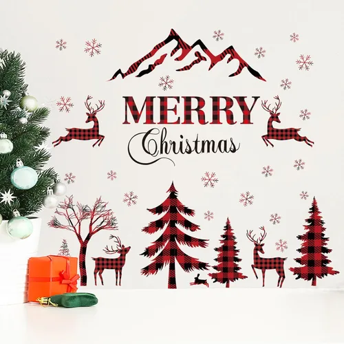 Miniatura 3 de Adhesivo de pared de Navidad - Árbol de bufalo de cuadro rojo y negro, pegatinas de ventana de venado, nieve removible para decoración del hogar