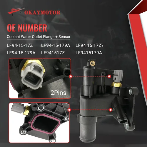 Miniatura 3 de OKAY MOTOR Brida de salida de agua refrigerante + Sensor para Mazda 3 5 6 CX-7 2006-2015 2.0L 2.3L 2.5L L4 902-690 LF941517Z LF94-15-17Z LF9415179A