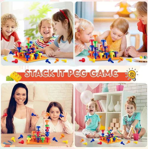 Miniatura 4 de Shappy Tablero de clavijas Montessori para niños pequeños, juguetes apilables de colores, 120 clavijas con 4 tablas de espuma, 4 juguetes educativos