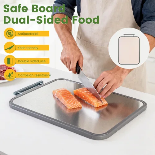 Miniatura 4 de Tablas de cortar de titanio para cocina, tabla de cortar 2 en 1 no tóxica de doble cara, titanio puro de grado alimenticio y paja de trigo PP, fácil